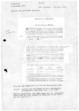 Whaling Act 1935-1948, and Whaling Regulations 1936