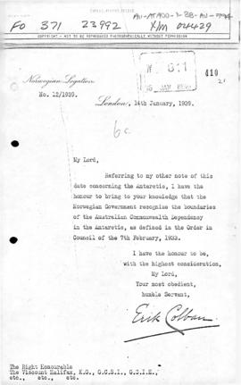Norwegian note to the United Kingdom recognising the boundaries of the Australian Antarctic Terri...
