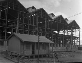 Corrugated iron shed dwarfed by larger building under construction at E.Z. Co. Zinc Works at Risdon