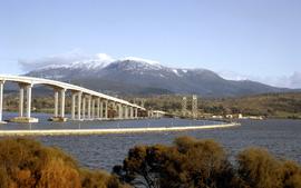Hobart Bridge and Tasman Bridge in winter 1964