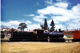 Children playing on black steam locomotive
