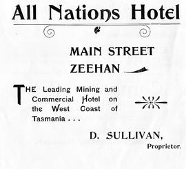 Advertising flyer for the All Nations Hotel, Zeehan, Tasmania