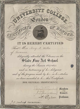 Mary Augusta Walker : certificate from the Slade Fine Art School, University College London