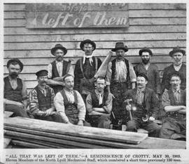 Portrait of 11 men being members of the North Lyell Mechanical Staff, Crotty, Tasmania.
