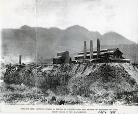 View of smelters showing construction works and slag disposal at Crotty, Tasmania.