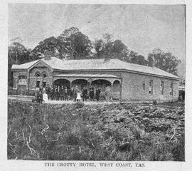 Image shows the Crotty Hotel with people in front. Crotty, Tasmania.