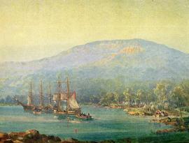 First Landing, printed reproduction of painting, coloured