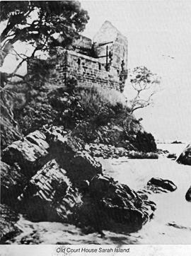 View from the shore looking up at the ruined Court House on Sarah Island, Macquarie Harbour, Tasm...