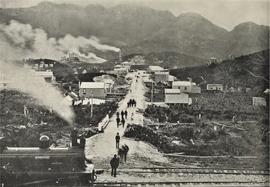 View across the railway line towards the town and mining works, Crotty, Tasmania