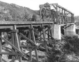 View of steel railway bridge with adjacent timber trestle extension, Crotty, Tasmania